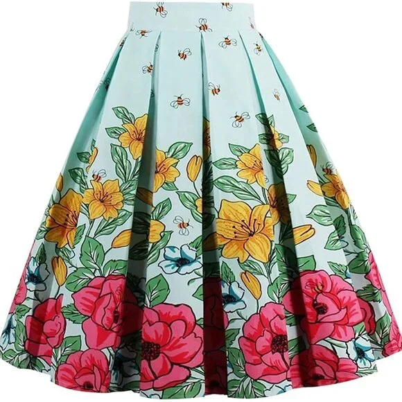 🐝 Floral Bee Print Pleated Midi Skirt – High Waist  Vintage-Inspired  Size M - Picture 3 of 7